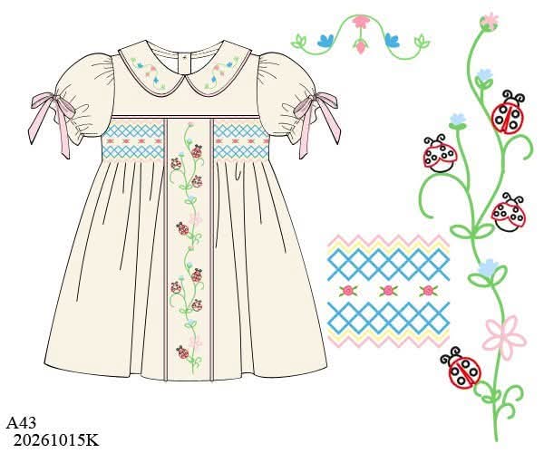 Pre Order 152: Girls Only- Ladybug Lane Geo Smocked Dress