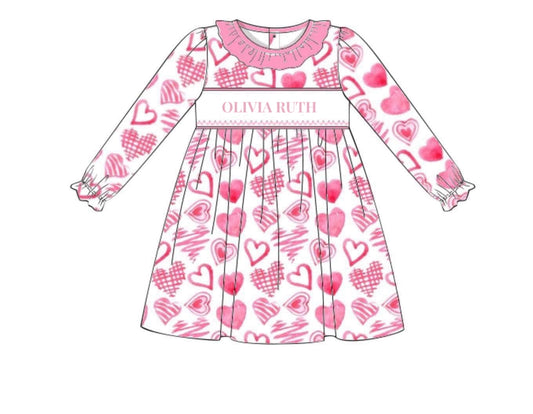 RTS:  Valentine Name Smocks- Pink Hearts Girls Knit Dress ”Olivia Ruth”