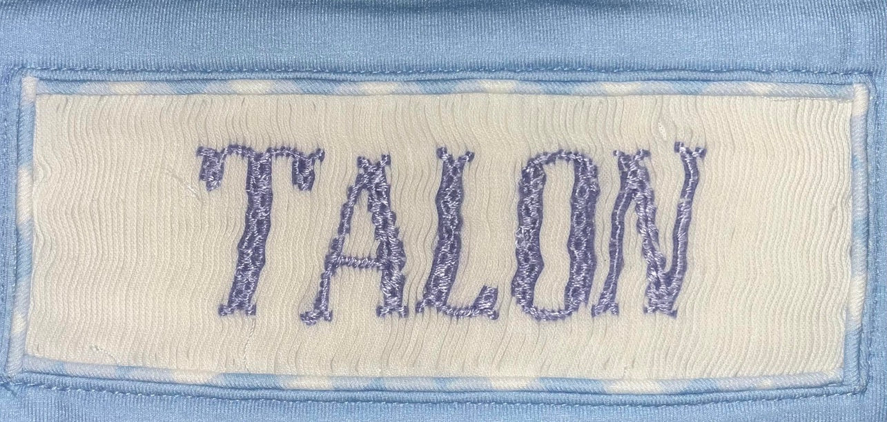 RTS: DEFECT- Boys Periwinkle & Toile Name Smock Knit Diaper Set "TALON"