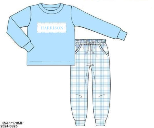 RTS: Customizable Sibling Name Smocks- Boys Blue Plaid Knit Jogger Set “HARRISON”