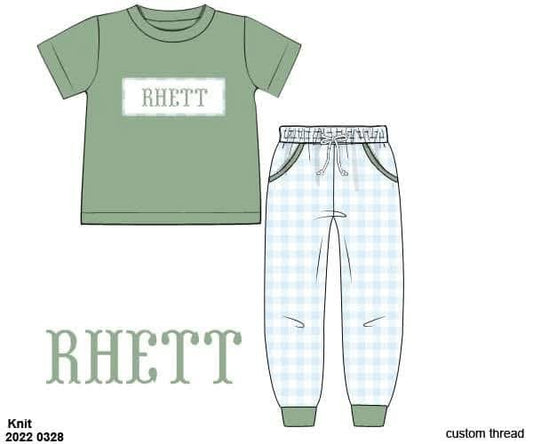 Pre Order 149: Everyday Name Smocks- Boys Feldspar & Asher Blue Gingham Knit Jogger Set
