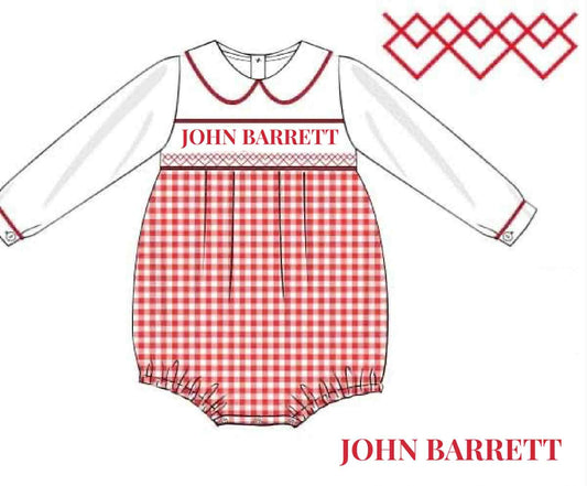 RTS: Christmas Name Smocks- Red Gingham Boys Knit Bubble "JOHN BARRETT"