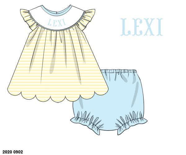 Pre Order 149: Everyday Name Smocks- Girls Blue & Yellow Stripe Bloomer Set
