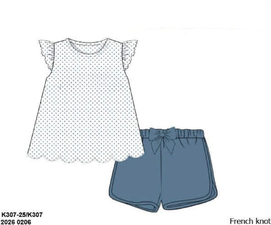 RTS: Neutral French Knot Sets- Girls Blue Stone Knit Shortie Set (No Monogram)