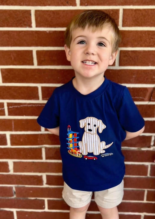 RTS: Critter Collection- Boys Pup & Track Appliqué Shirt