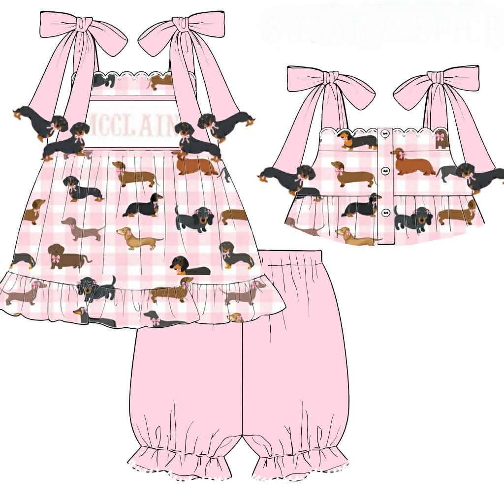 Pre Order 138: Darling Dachshunds- Girls Knit Bubble Short Set