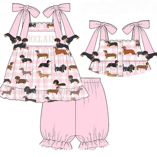 Pre Order 138: Darling Dachshunds- Girls Knit Bubble Short Set