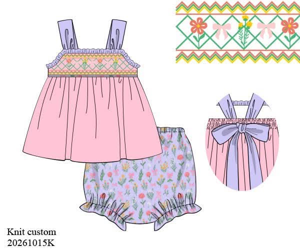 Pre Order 152: Girls Only- Blossom Bow Geo Smocked Bloomer Set