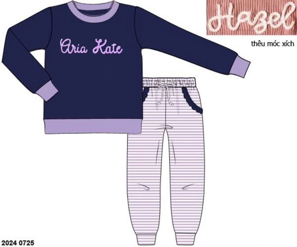 RTS: Knit Jogger Sets- Girls Chain Stitch Navy & Lavender Stripe “Aria Kate”