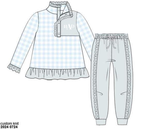 RTS: Knit Jogger Sets- Girls Sage & Asher Blue Check “HAD”