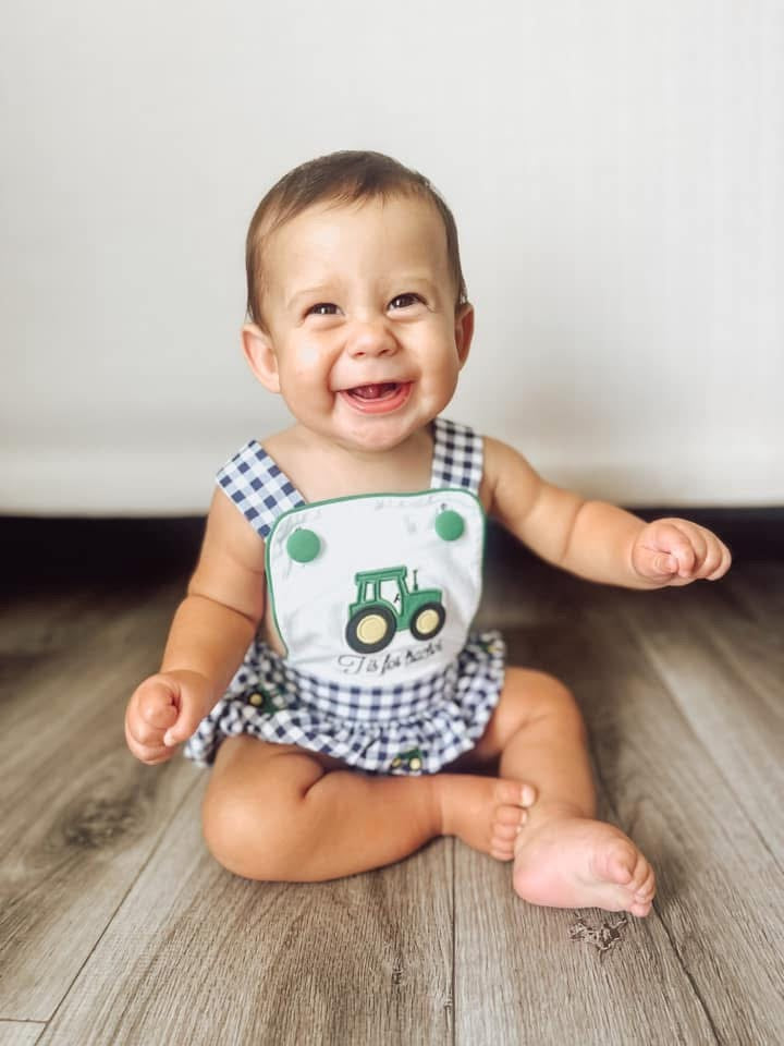 RTS: Green Tractor- Boys Knit Sunsuit