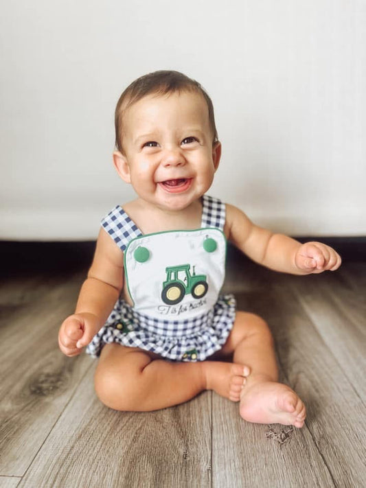 RTS: Green Tractor- Boys Knit Sunsuit