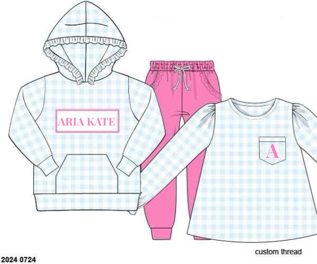 RTS: Knit Jogger Sets- Girls Asher Blue & Dark Pink 3pc Set “Aria Kate/A”