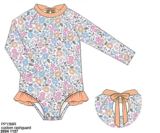 RTS: Capri Floral & Check- Girls 1pc Long Sleeve Rash Guard Swim