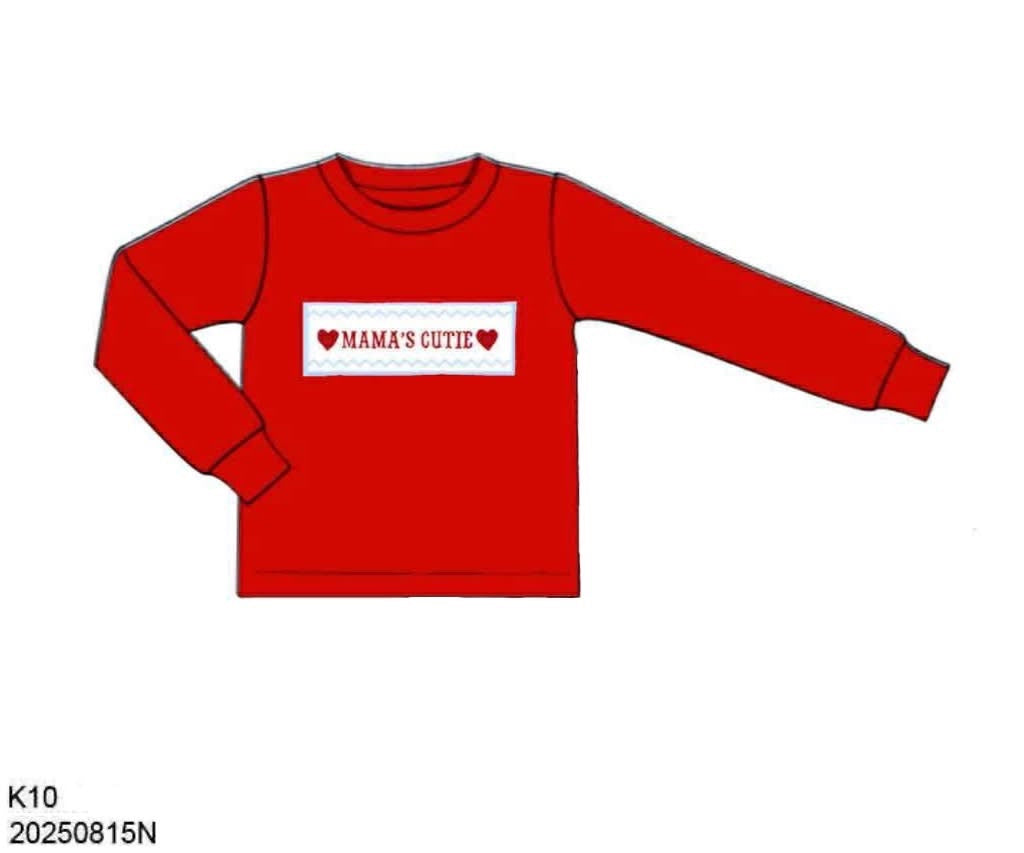 RTS: Valentine Name Smocks- Boys Solid Red Knit Shirt "Mama's Cutie"