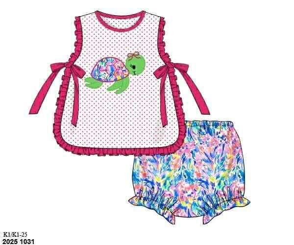 Pre Order 136: Tides & Turtles- Girls Appliqué Knit Bloomer Set