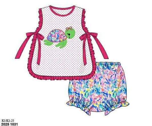 Pre Order 136: Tides & Turtles- Girls Appliqué Knit Bloomer Set