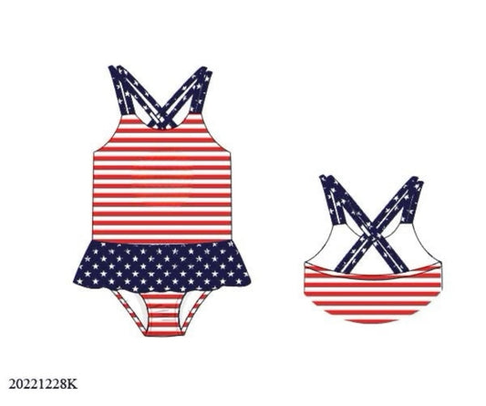 RTS: Star Spangled Swim- Girls 1pc Ruffle Rash Guard