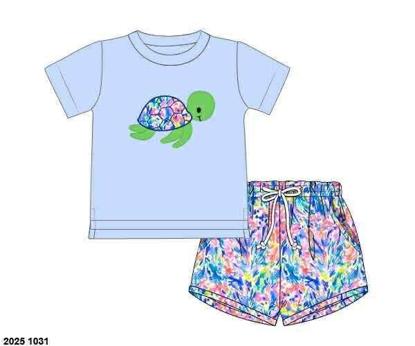 Pre Order 136: Tides & Turtles- Boys Appliqué Knit Shortie Set