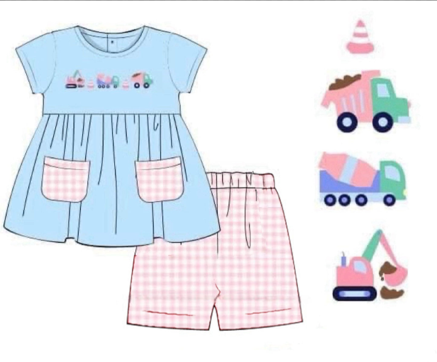 RTS: Embroidered Construction- Girls Knit Biker Short Set