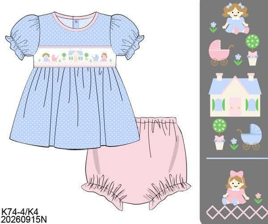 Pre Order 150: Play Houses- Girls Smocked Knit Bloomer Set