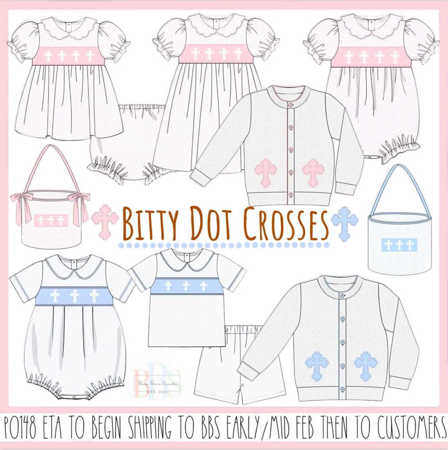 Pre Order 148: Bitty Dot Crosses- Blue Smocked Basket