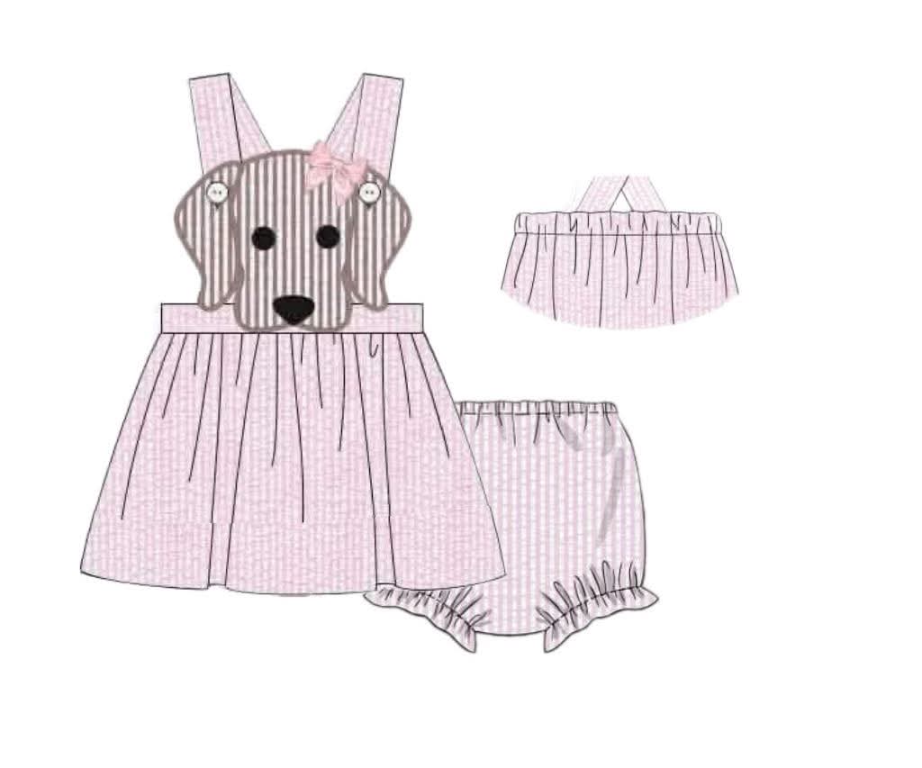 Pre Order 149: Spring Puppy- Pink Seersucker Bloomer Set