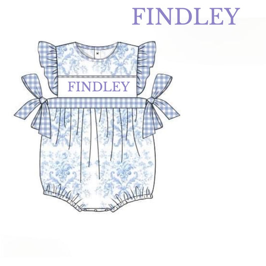 RTS: Defect- Girls Periwinkle & Toile Name Smock Bubble "FINDLEY"