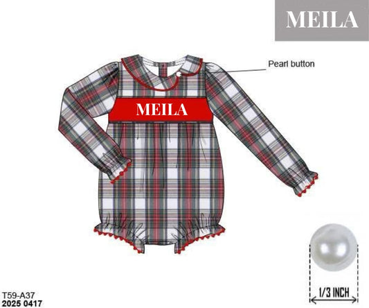 RTS: Red Tartan Plaid- Girls Woven Name Smock Bubble “MEILA”