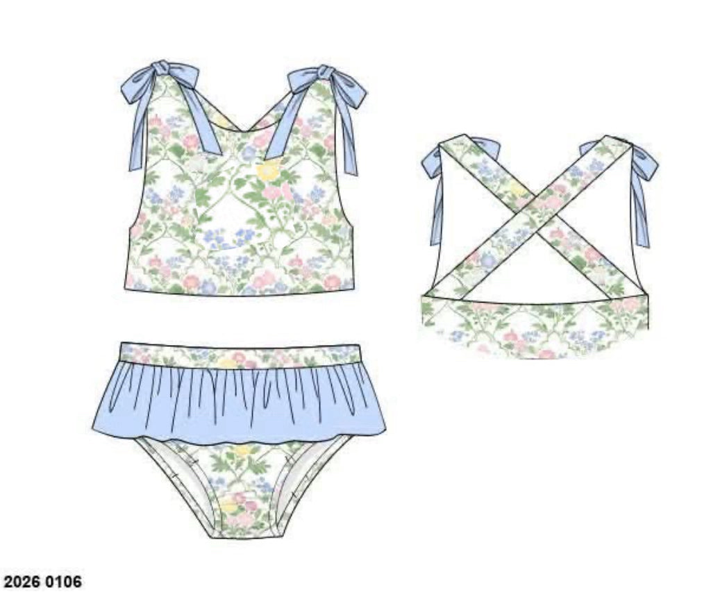 RTS: Mary-Keene Floral & Stripe- Girls 2pc Rash Guard Swim