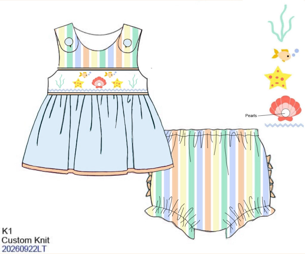 Pre Order 152: Happy As A Clam- Girls Smocked Bloomer Set