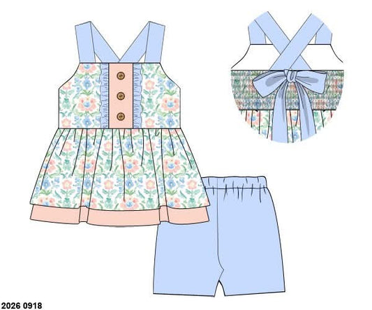 Pre Order 150: Layna Floral & Gingham- Girls Knit Biker Short Set
