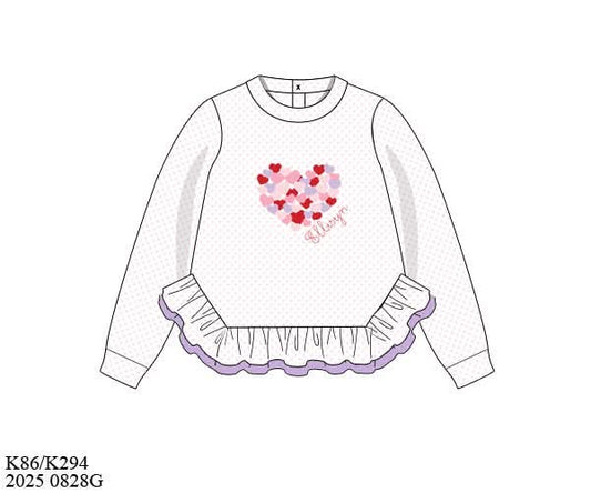 Pre Order 132: Valentine Shirt Only- Girls Embroidered Heart Knit Ruffle Shirt