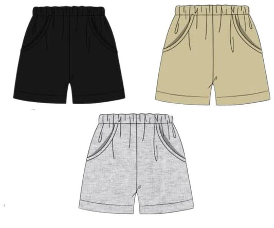 Pre Order 149: Boys Knit Bottoms- 3pc Traditional Short Pack (Black, Khaki, Gray)