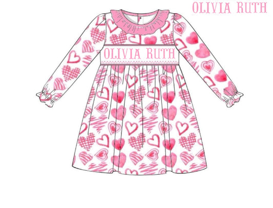 RTS:  Valentine Name Smocks- Pink Hearts Girls Knit Dress “Olivia Ruth”