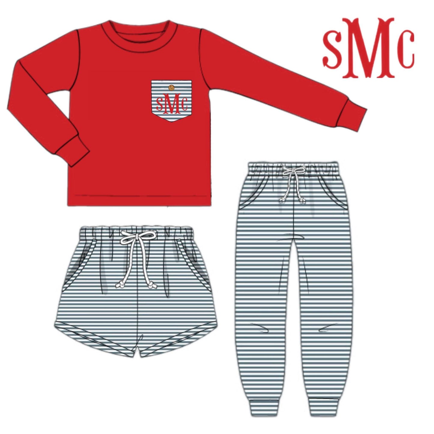 Pre Order 147: Simple 3pc Sets- Boys Red & Blue Stone Stripe Set