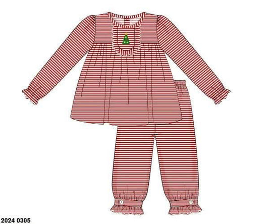 RTS: Embroidered Christmas Trees- Girls Knit Bubble Pant Set