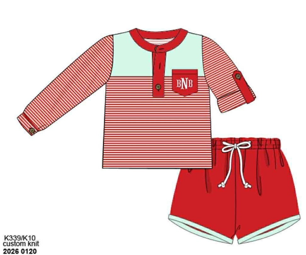 Pre Order 140: Ariel Floral & Stripes- Boys Knit Shortie Set