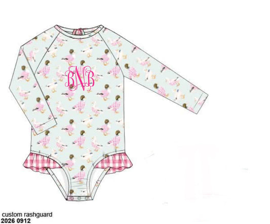 Pre Order 150: Gingham Mallards- Girls 1pc Long Sleeve Rashguard