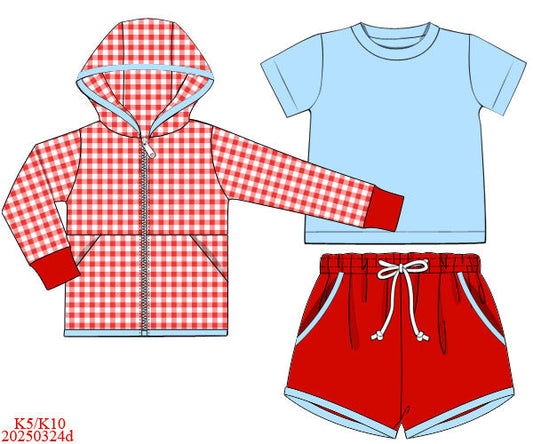 RTS: 3pc Knit Jacket Set- Boys Red Gingham & Asher Blue