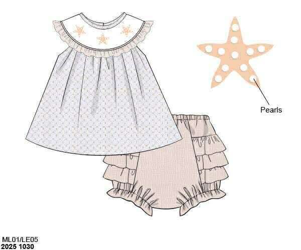 Pre Order 136: Sandy Starfish- Girls Smocked Bloomer Set