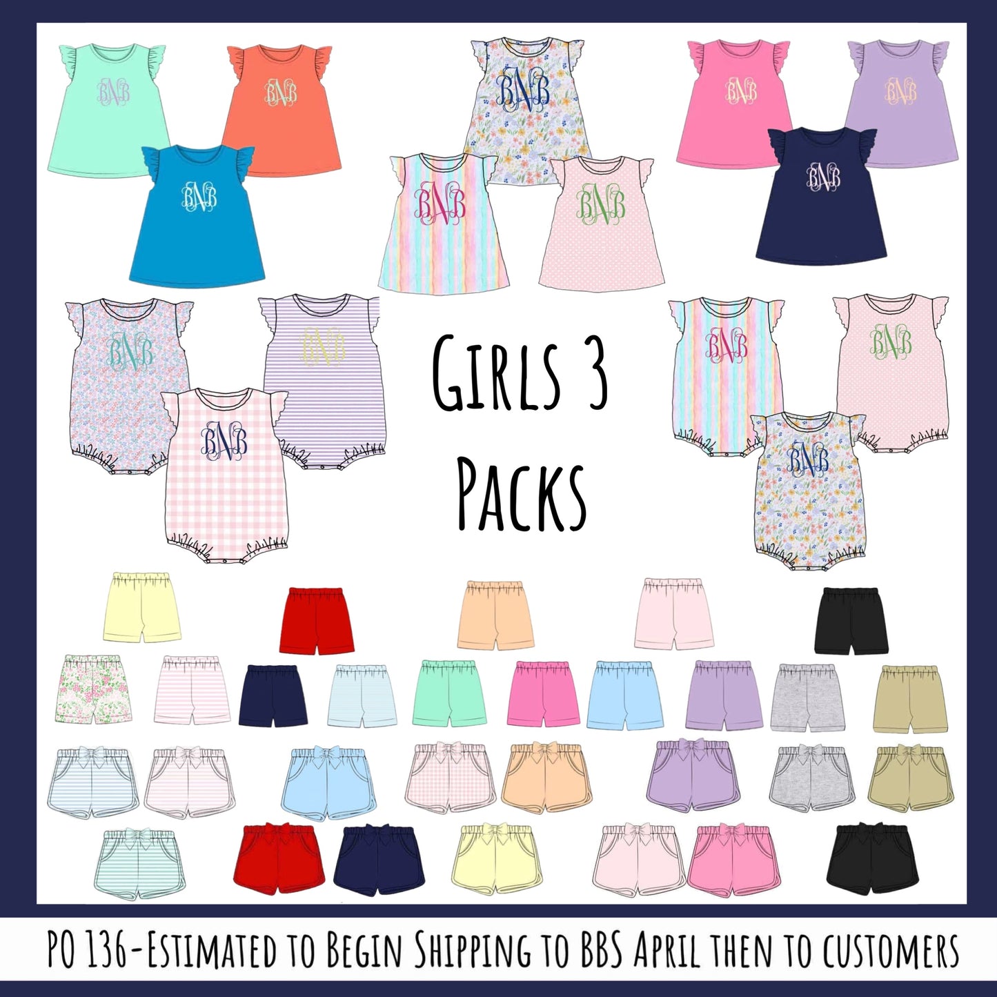 Pre Order 136: 3pc Shirt Pack- Girls Pink Gingham, Lavender Stripe, and Floral