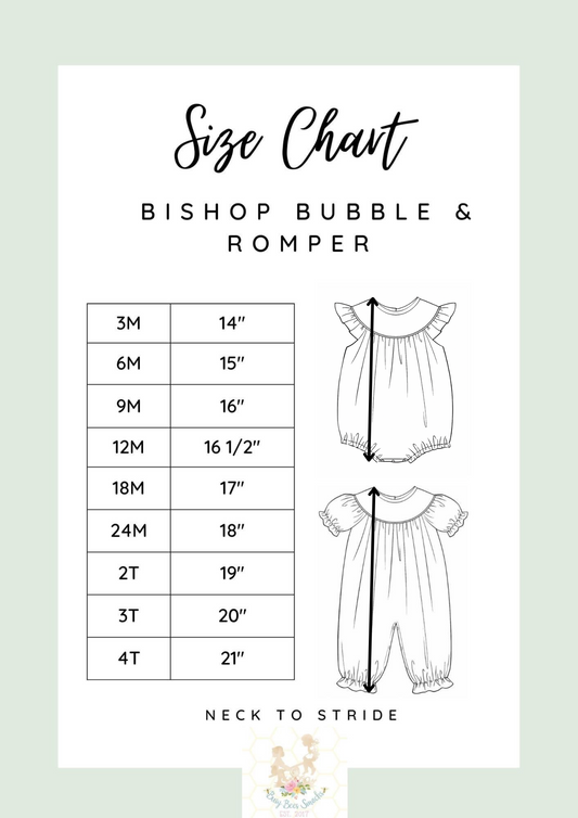Girls Bishop Bubble & Romper Size Chart