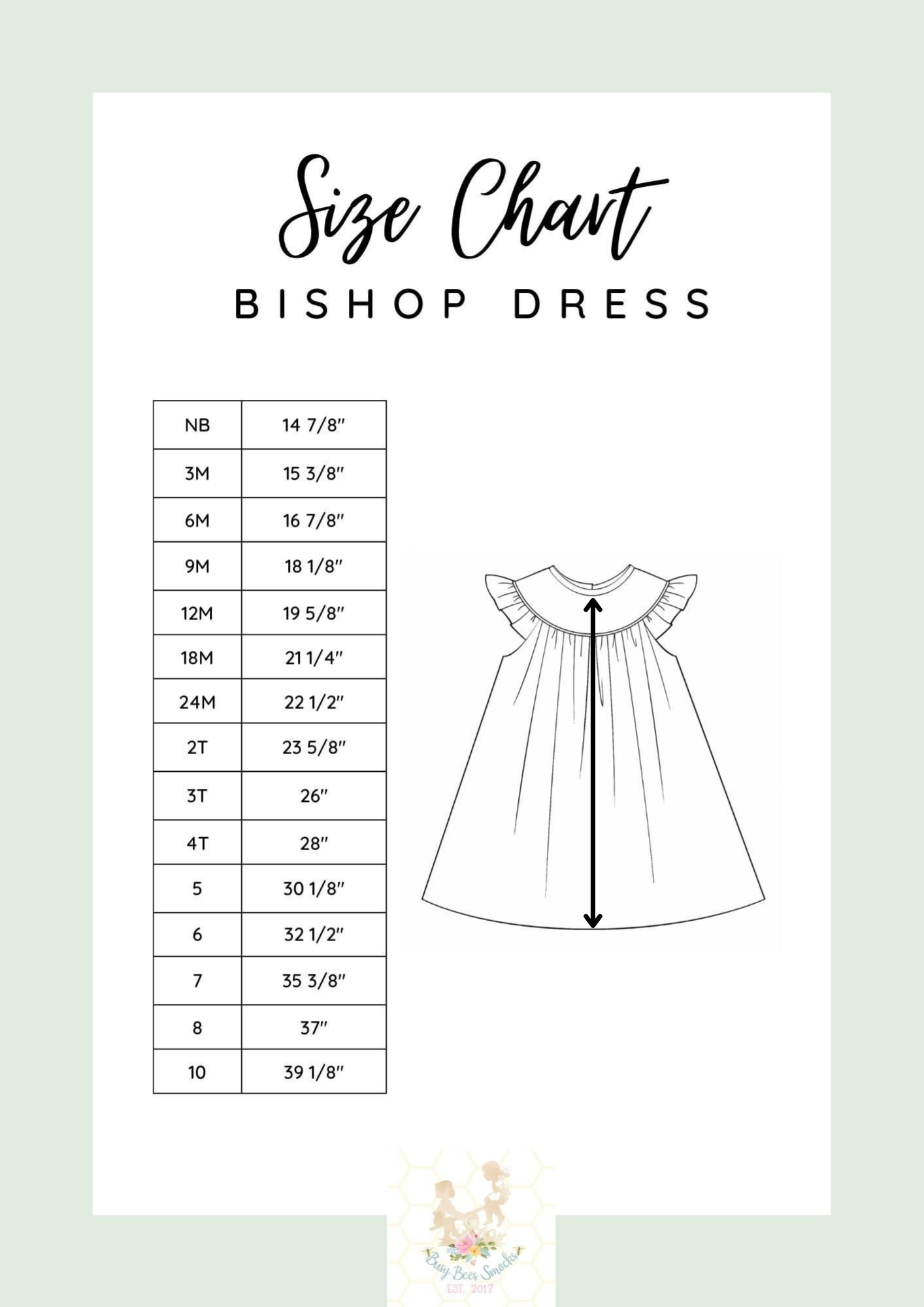 Bishop Dress Size Chart