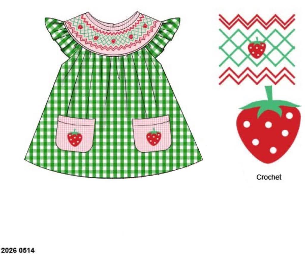 Pre Order 146: Girls Only- Strawberry Geo Smocked/Crochet Woven Shirt