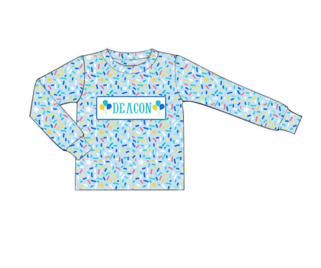 Pre Order 146: Birthday- Boys Sprinkle Name Smock Shirt
