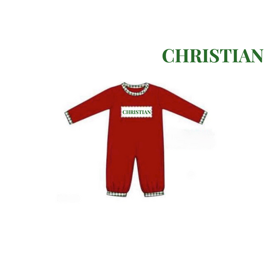 RTS: Christmas Name Smocks- Boys Garnet & Green Gingham Knit Romper "CHRISTIAN"