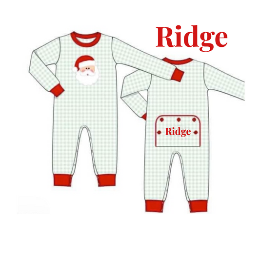 RTS: Sage Gingham Santa Applique Boys White Santa 1pc Knit PJs "RIDGE"