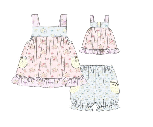 Pre Order 150: Tractors & Floral- Girls Knit Bubble Short Set