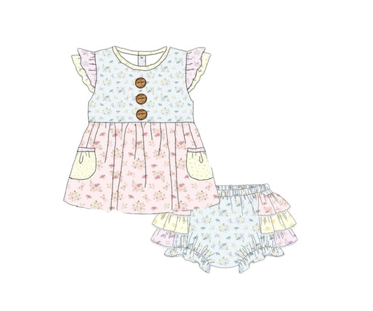 Pre Order 150: Tractors & Floral- Girls Knit Bloomer Set